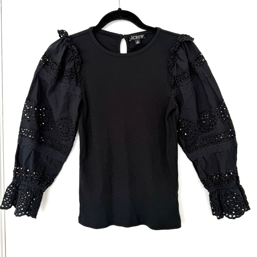 J.Crew Black Ribbed Eyelet Puff Sleeve Top BT680 Womens XS